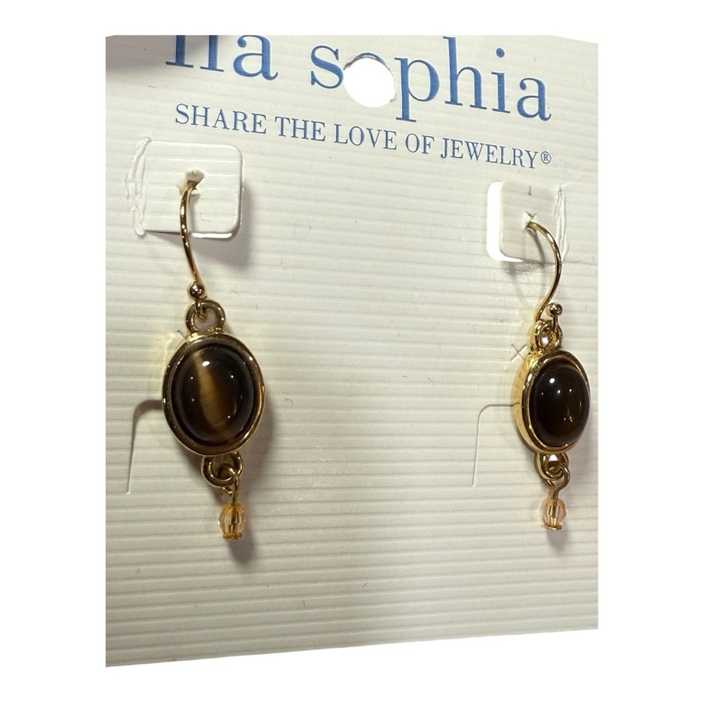 Lia Sophia “Butterscotch” Tiger’s Eye Bead Gold Tone Drop Earrings • NWT Card - Picture 2 of 4